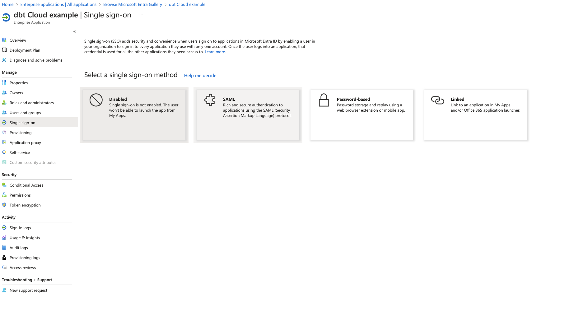Select the 'SAML' card in the 'Seelct a single sign-on method' section.  Select the 'SAML' card in the 'Seelct a single sign-on method' section.