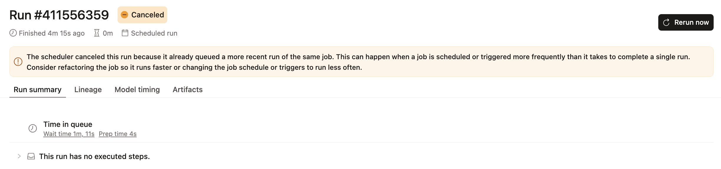 The cancelled runs display an error message explaining why the run was cancelled and recommendations The cancelled runs display an error message explaining why the run was cancelled and recommendations